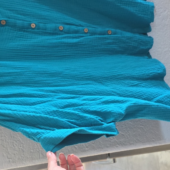 Zenana Double Gauze 3/4 Sleeve Button-Down Top – Dusty Teal - Picture 7 of 9